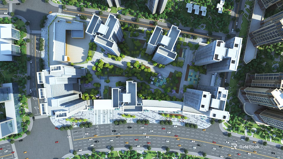 Aerial View Urban Planning Layout With High Rise Buildings Green Spaces And Roads 3d model 