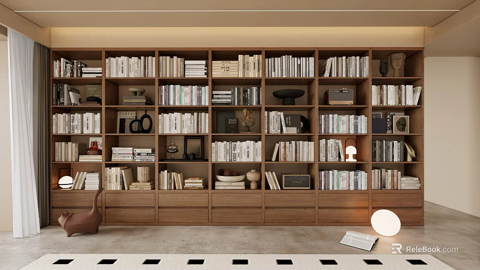 Modern Wooden Bookcase With Abundant Books Decorative Sculptures And Framed 3d model 