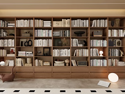 Modern Wooden Bookcase With Abundant Books Decorative Sculptures And Framed 3d model