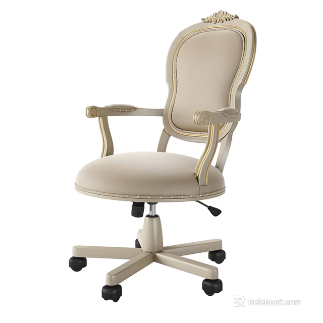 Elegant Beige Upholstered Table And Chair Set With Gold Trim Armrests And Wheels 3d model 