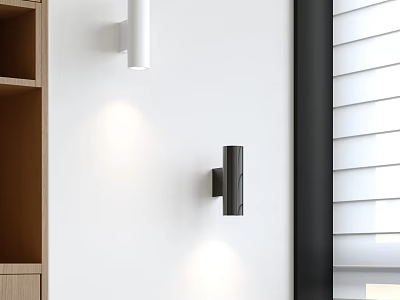 Minimalist White And Black Wall Lights For Modern Interior With Wooden Shelf And Window Blinds 3d model