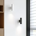 Minimalist White And Black Wall Lights For Modern Interior With Wooden Shelf And Window Blinds