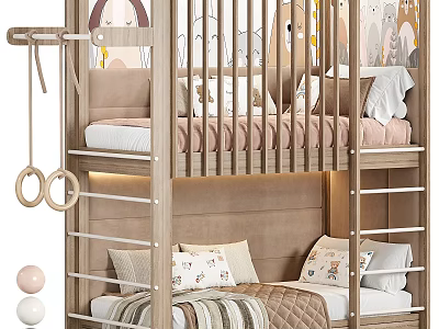 Cozy Wooden Bunk Bed for Kids Room with Animal Print Bedding and Playful Rings 3d model