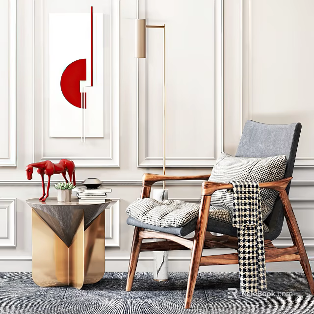 Modern Leisure Chair With Wooden Frame Gray Cushion And Gold Side Table Red Horse Decor 3d model 