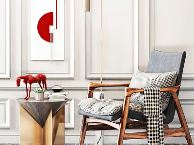 Modern Leisure Chair With Wooden Frame Gray Cushion And Gold Side Table Red Horse Decor 3d model