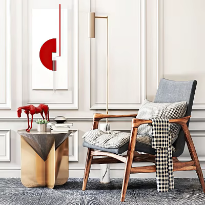 Modern Leisure Chair With Wooden Frame Gray Cushion And Gold Side Table Red Horse Decor 3d model