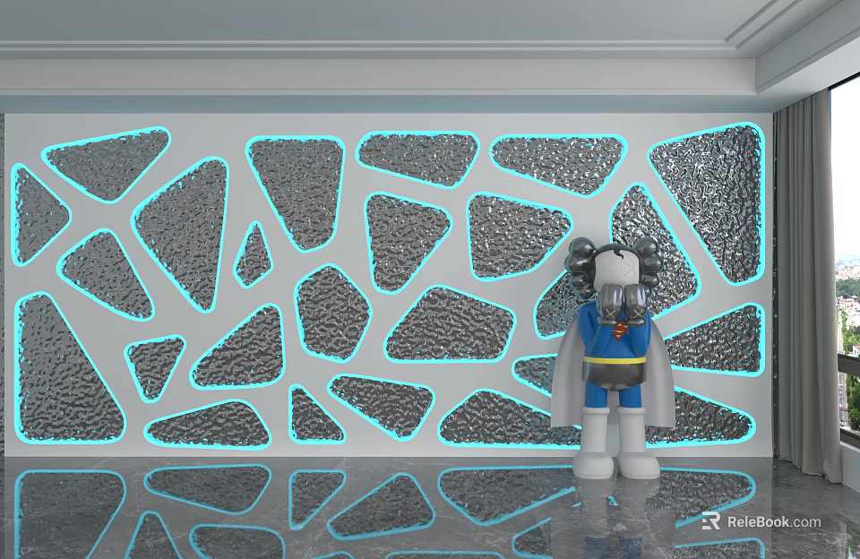 Geometric Patterned Background Wall With LED Lighting And Decorative Figure On Reflective Floor 3d model 