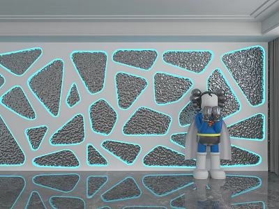 Geometric Patterned Background Wall With LED Lighting And Decorative Figure On Reflective Floor 3d model