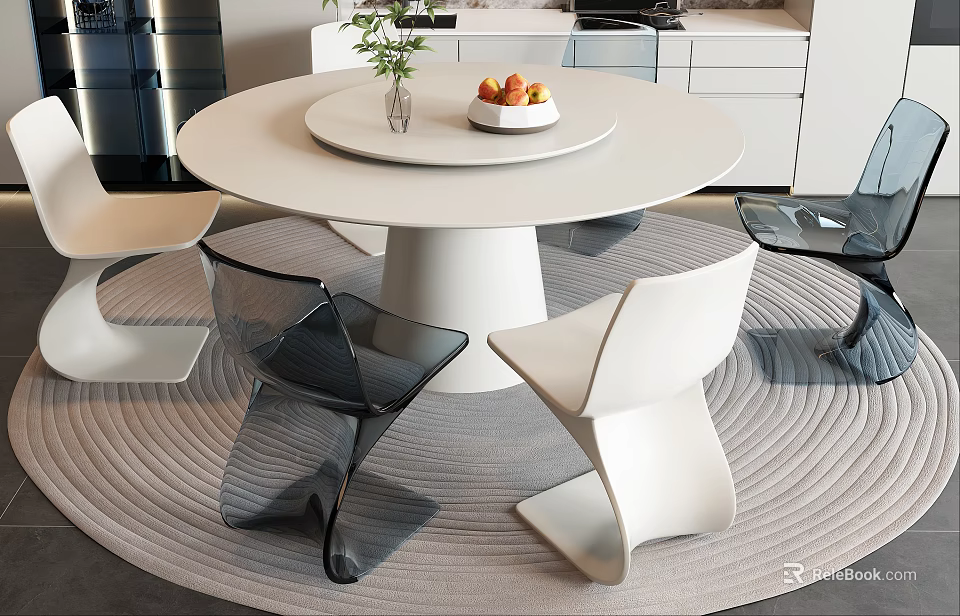 Modern Round Dining Table Set with White Top Transparent Chairs Vase Bowl on Gray Rug 3d model 