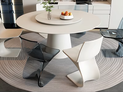 Modern Round Dining Table Set with White Top Transparent Chairs Vase Bowl on Gray Rug 3d model