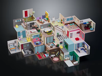 Colorful Cartoon Room Diorama With Multiple Furnished Spaces And Decorative Elements 3d model