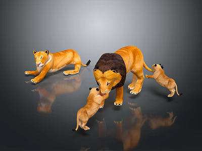 Lion Family Group With Adult Male Female And Playful Cubs On Reflective Surface 3d model