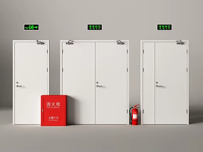 White Double Doors With Emergency Exit Signs Fire Hydrant And Fire Extinguisher 3d model