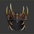 Intricate Sharp Spiked Decorative Helmet With Metallic Structure And Red Gold Accents