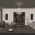 Elegant Living Room Featuring Chandelier Decorative Screen Cream Sofa And Black Framed Windows