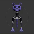 Purple Mechanical Cat with Robotic Skeleton Joints in Standing Position on Reflective Surface 3d model