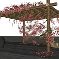 Wooden Pergola With Red Climbing Flowers Black Pottery Jar And Stone Slab Floor