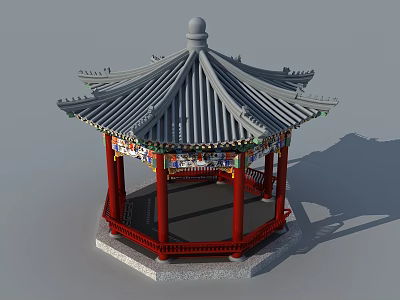 Traditional Chinese Octagonal Pavilion With Red Pillars And Gray Tiled Roof 3d model