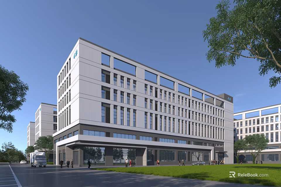 Modern Multi Storey Industrial Building With White Exterior Large Glass Windows And Surrounding Greenery 3d model 