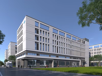 Modern Multi Storey Industrial Building With White Exterior Large Glass Windows And Surrounding Greenery 3d model