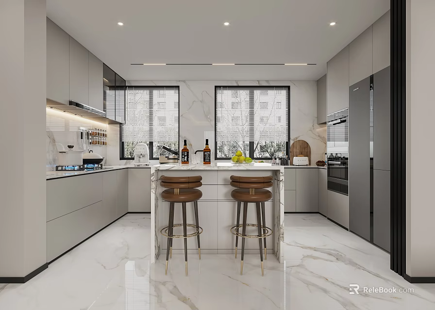 Modern Kitchen Interior Design With Marble Island Stools Cabinets Appliances And Natural Light 3d model 