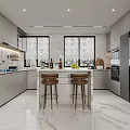 Modern Kitchen Interior Design With Marble Island Stools Cabinets Appliances And Natural Light