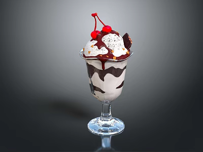 Delicious Ice Cream Sundae In Glass With Whipped Cream Chocolate Syrup And Cherries 3d model