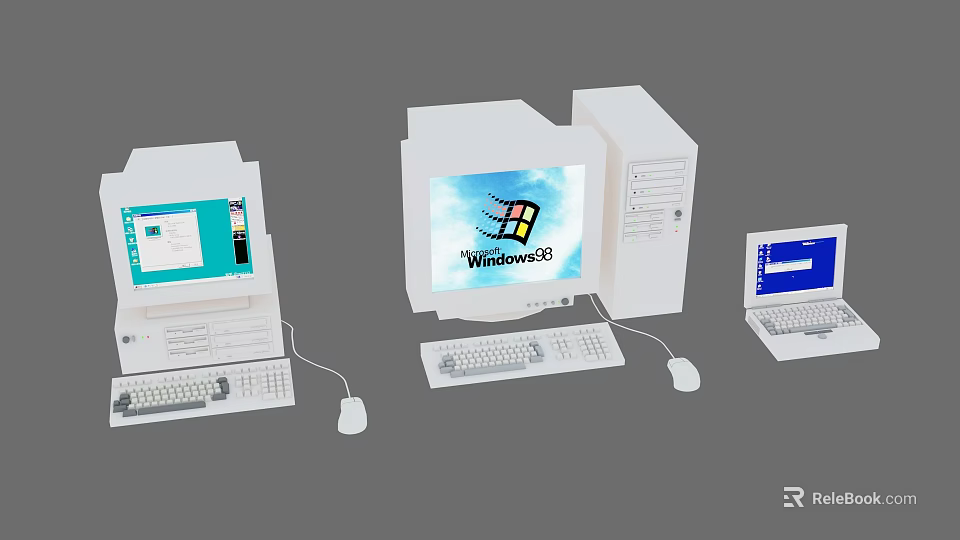 Vintage Desktop Computers And Laptop With Windows 98 Operating System 3d model