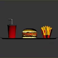 Delicious Fast Food With Hamburger French Fries And Drink On Black Tray With Striped Straw