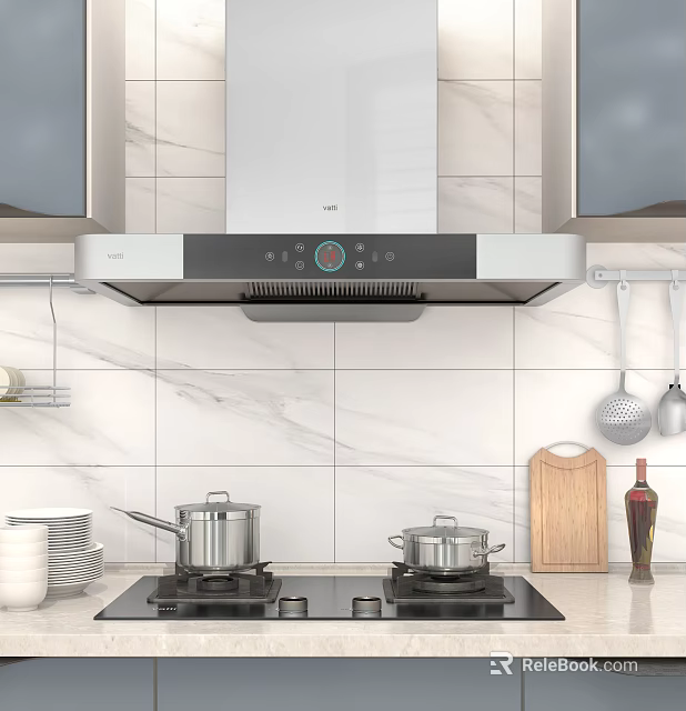 Modern Kitchen Interior With Stainless Steel Range Hood Cooktop And Marble Backsplash 3d model 