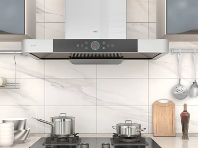 Modern Kitchen Interior With Stainless Steel Range Hood Cooktop And Marble Backsplash 3d model