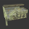 Industrial Structure 3D Model With Metal Framework Elevated Platform Staircase And Pipes