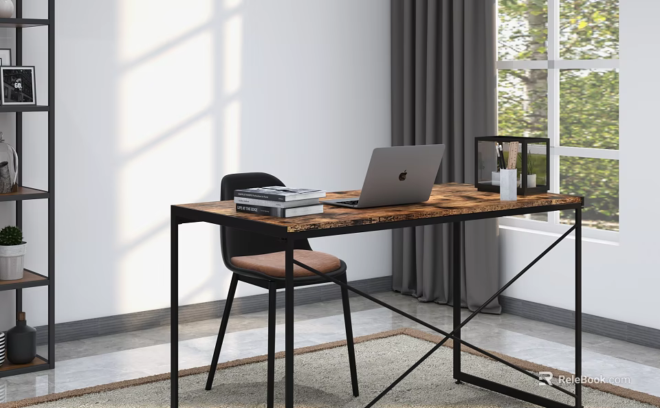 Modern Wooden Desk With Black Metal Frame Laptop Books And Lantern Decor By Window 3d model 