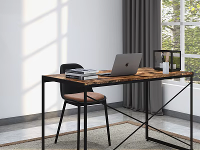 Modern Wooden Desk With Black Metal Frame Laptop Books And Lantern Decor By Window 3d model