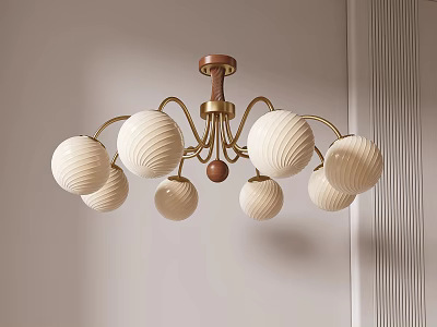 Modern Cream Colored Chandelier With Multiple Spherical Shades Golden Frame And Wooden Top 3d model