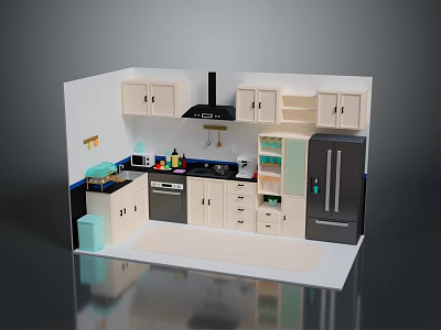 Modern Kitchen Interior Design With Cabinets Range Hood Refrigerator Oven And Countertop 3d model