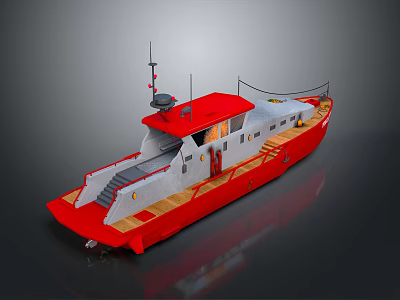 Red and Gray Boat 3D Rendering With Antenna Staircase and Wooden Deck 3d model