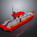 Red and Gray Boat 3D Rendering With Antenna Staircase and Wooden Deck