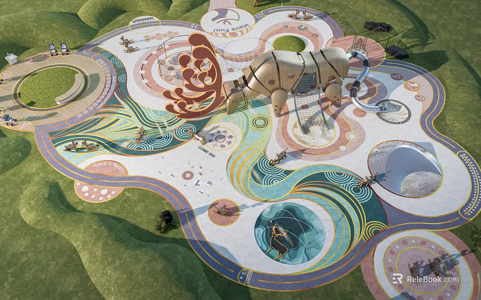 Colorful Playground Equipment With Rhino Shaped Climbing Structure And Circular Design Elements 3d model 