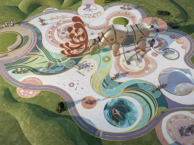 Colorful Playground Equipment With Rhino Shaped Climbing Structure And Circular Design Elements 3d model