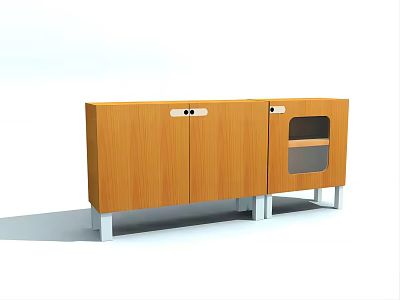 Modern Wooden TV Stand with Cabinet Doors Glass Panel Compartment and Metal Legs Design 3d model