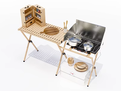 Portable Outdoor Dining Table with Stove Cooking Area Wooden Metal Frame Pots and Utensils 3d model