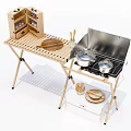 Portable Outdoor Dining Table with Stove Cooking Area Wooden Metal Frame Pots and Utensils