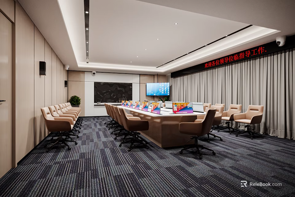 Modern Conference Room Interior Design With Long Table Comfortable Chairs And Projection Screen 3d model