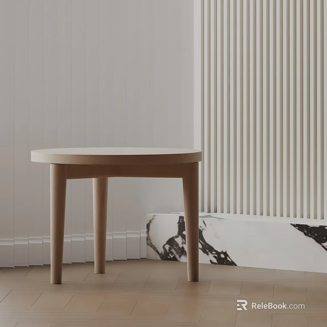 Minimalist Wooden Round Side Table With Light Colored Wall Marble Accent And Wood Floor 3d model 
