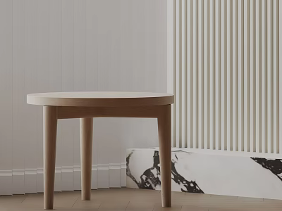 Minimalist Wooden Round Side Table With Light Colored Wall Marble Accent And Wood Floor 3d model