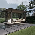 Serene Garden Landscape With Stone Pathway Cherry Blossom Tree Water Feature And Green Plants