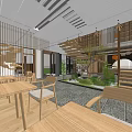 Traditional Teahouse Interior With Wooden Structures Green Plants Rockery Steps And Wooden Furniture