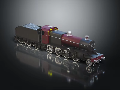Vintage Black Red Steam Train Model With Coal On Top Shiny Wheels Dark Reflective Background 3d model