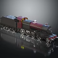Vintage Black Red Steam Train Model With Coal On Top Shiny Wheels Dark Reflective Background